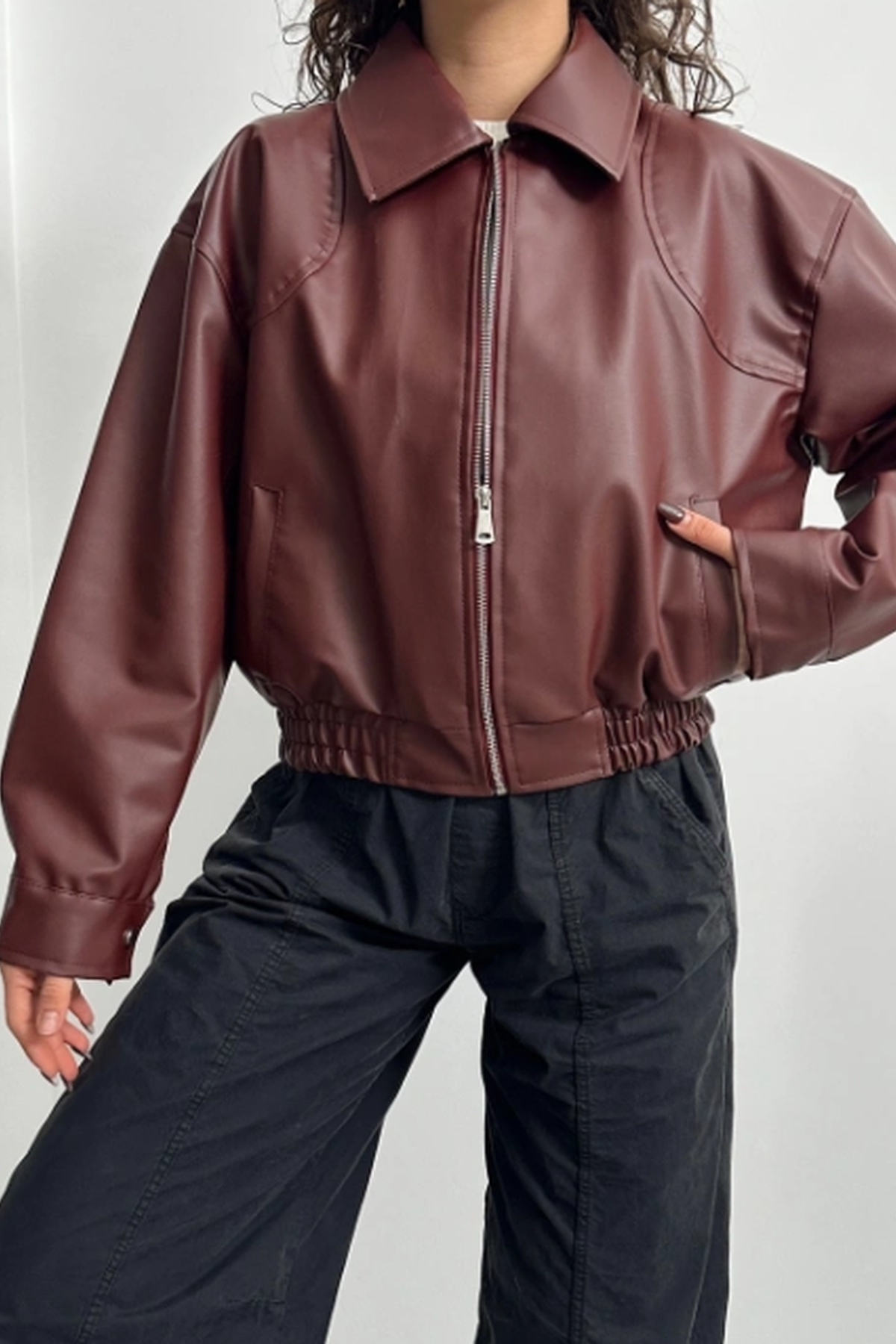 LEMRONA Bordo Bomber Deri Ceket