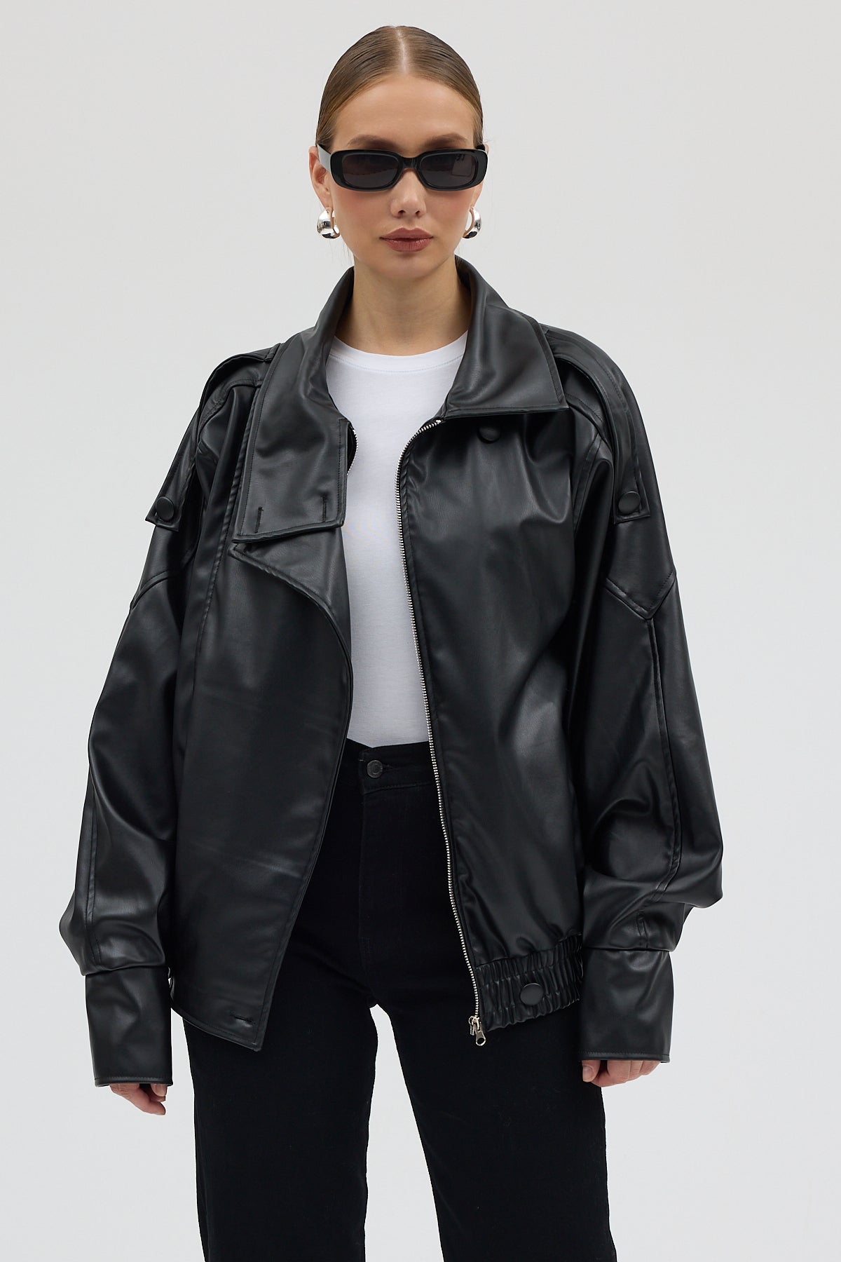 LERMONA Siyah Boğazlı Deri Ceket