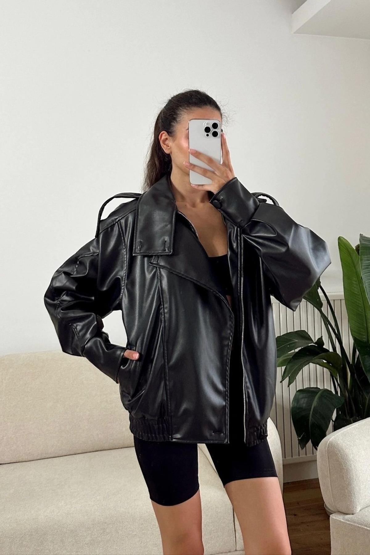 LERMONA Siyah Boğazlı Deri Ceket