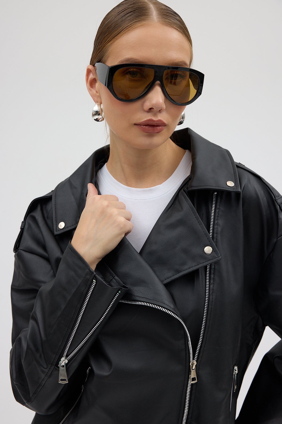 LERMONA NOIR Oversize Kemerli Biker Ceket