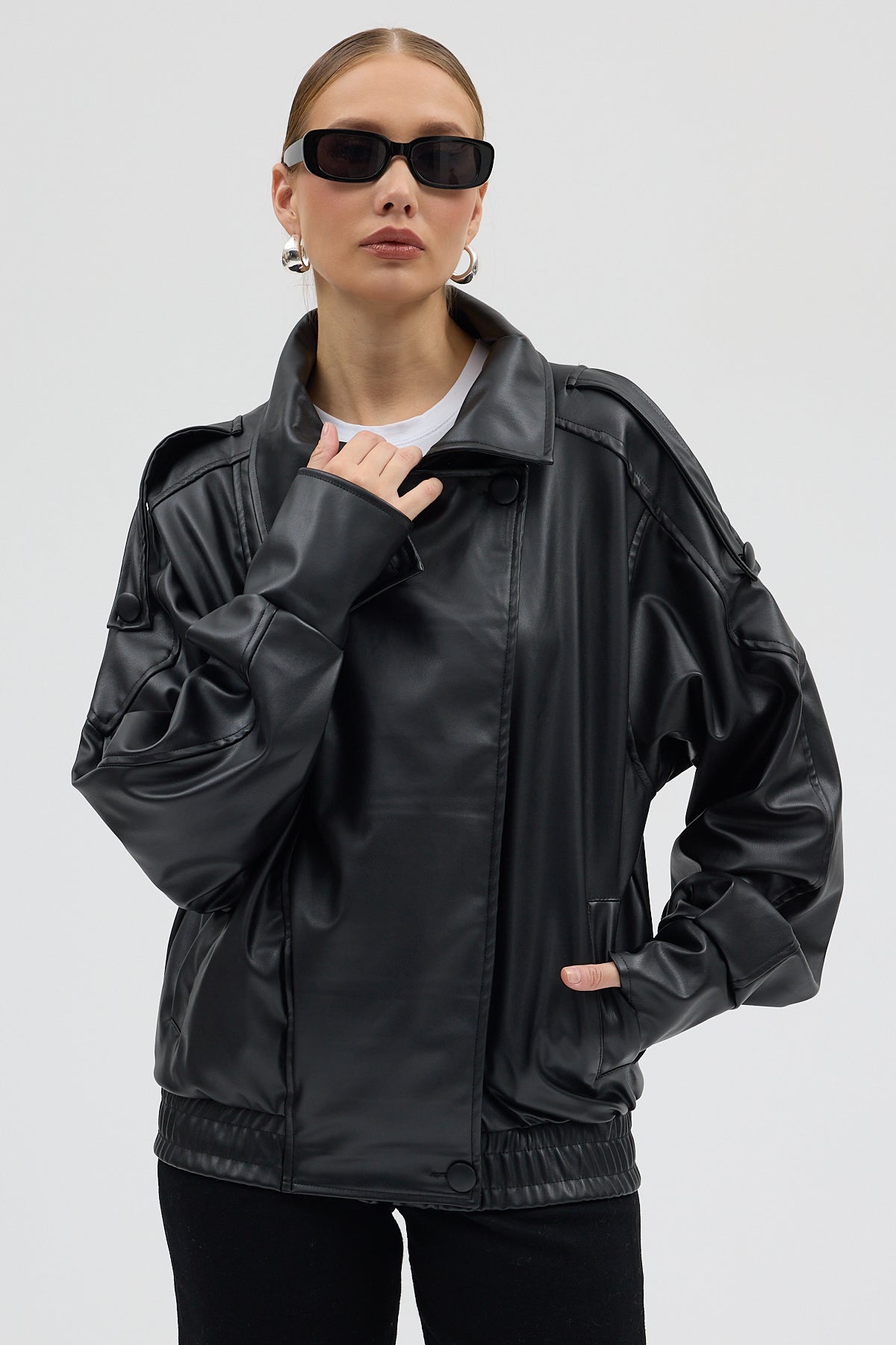 LERMONA Siyah Boğazlı Deri Ceket