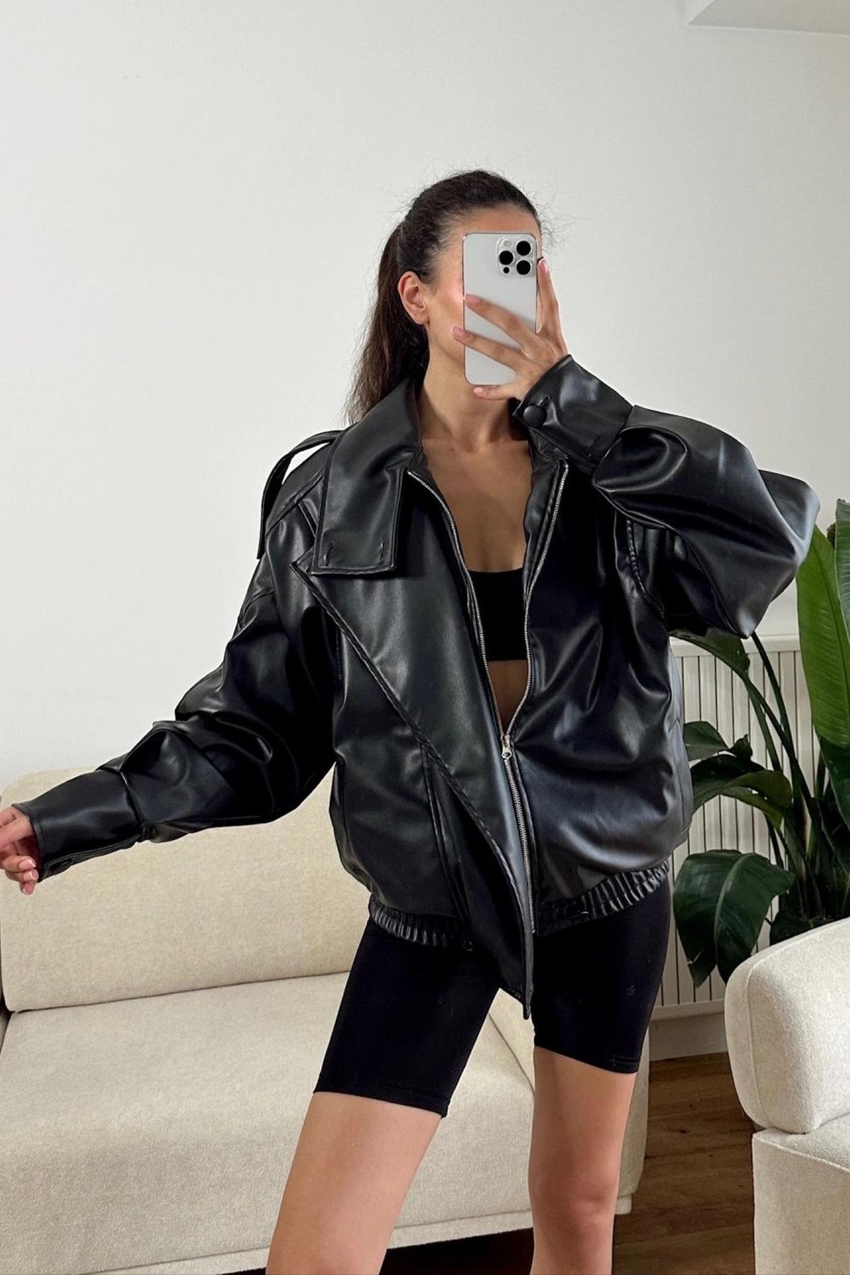 LERMONA Siyah Boğazlı Deri Ceket