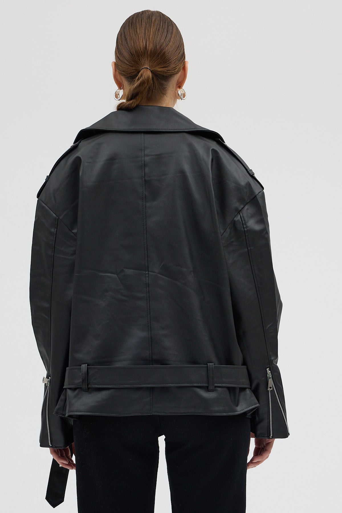 LERMONA NOIR Oversize Kemerli Biker Ceket