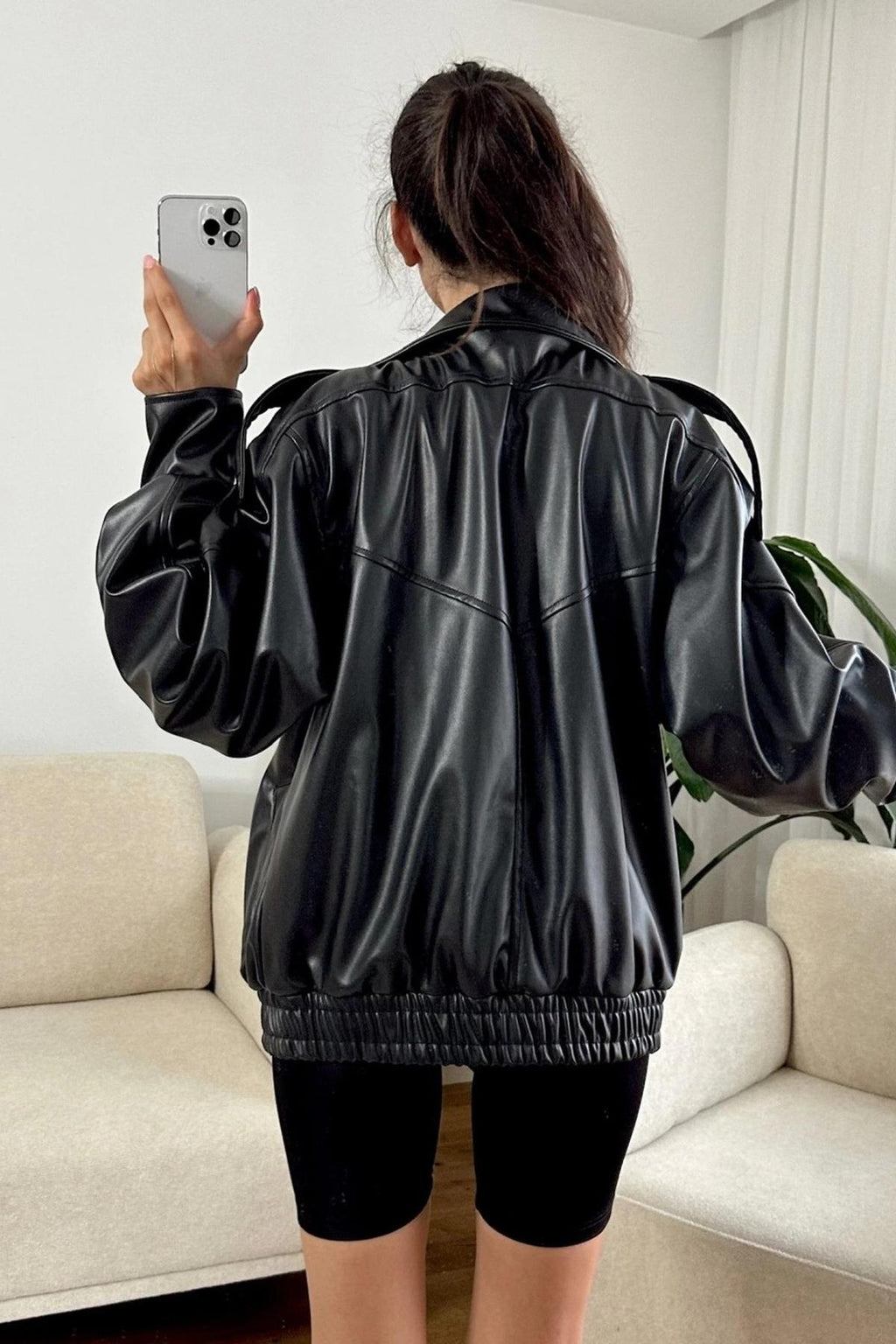 LERMONA Siyah Boğazlı Deri Ceket