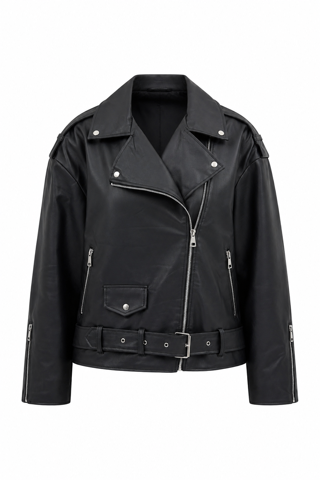 LERMONA NOIR Oversize Kemerli Biker Ceket