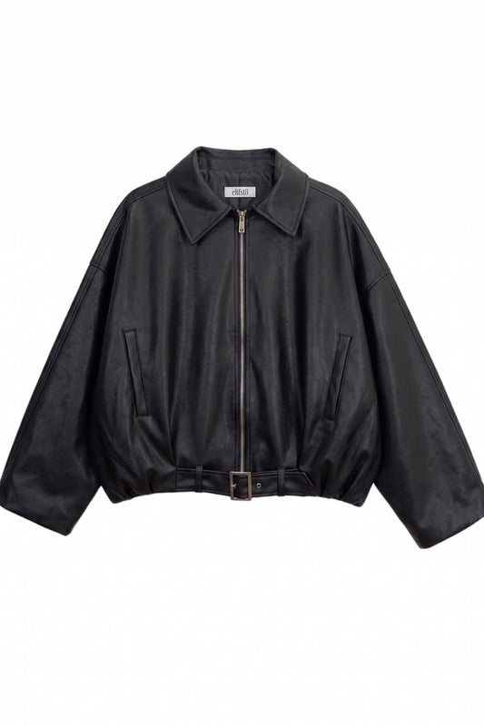 LERMONA Siyah Oversize Deri Ceket