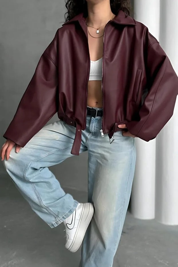 LERMONA The Luvren Belted Biker - Burgundy