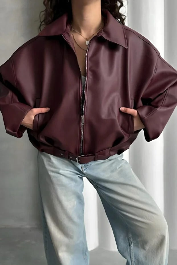 LERMONA The Luvren Belted Biker - Burgundy