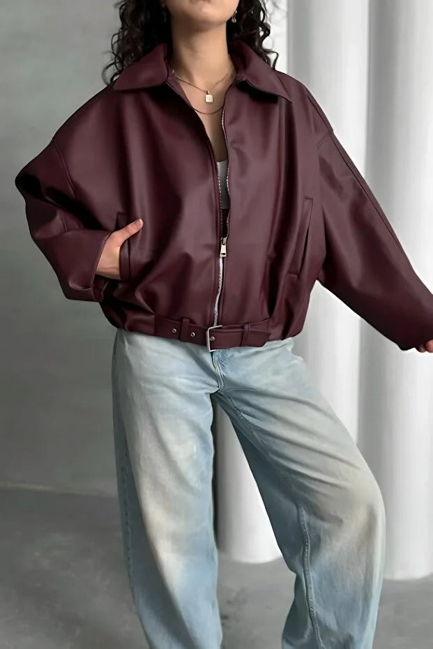 LERMONA The Luvren Belted Biker - Burgundy