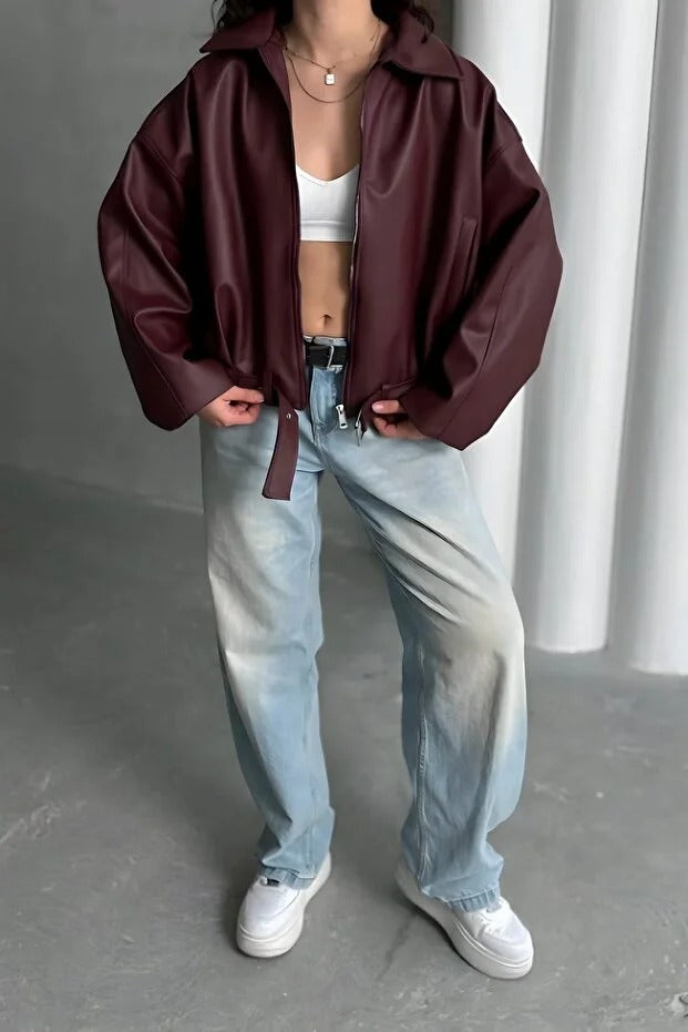 LERMONA The Luvren Belted Biker - Burgundy